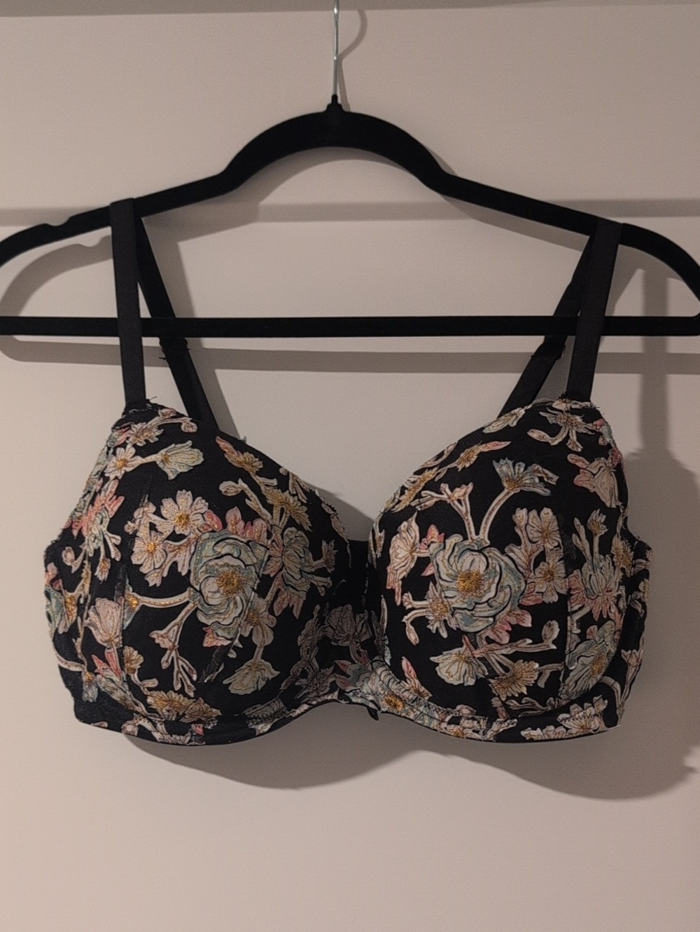 Victoria's Secret Black Bra with Pastel Floral Embroidery